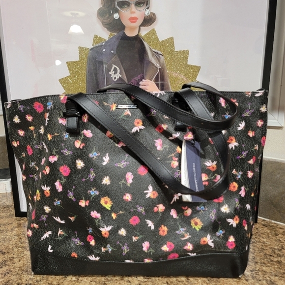 Rebecca Minkoff Handbags - Rebecca Minkoff Cherish Black Floral Coated Canvas Large Shoulder Bag Tote Purse
